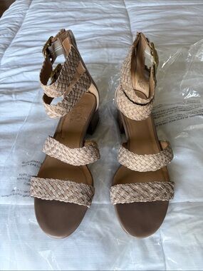 Franco Sarto Braided Strappy Block Heel Sandals - Beige/Tan